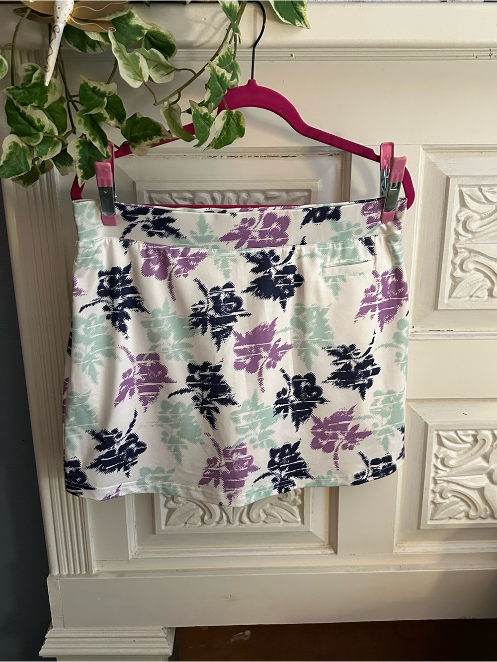 Pebble Beach White Mini Skirt with Navy, Lavender & Mint Floral Print